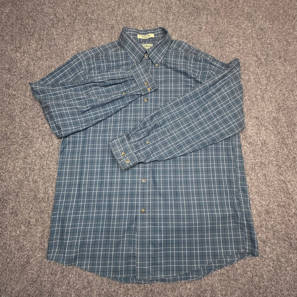 LL Bean Shirt Mens Large Blue Plaid 100% Cotton Wrinkle Free Traditional Fit Exc